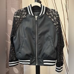 Nowadays | Lace & faux leather bomber jacket | size S | black & silver